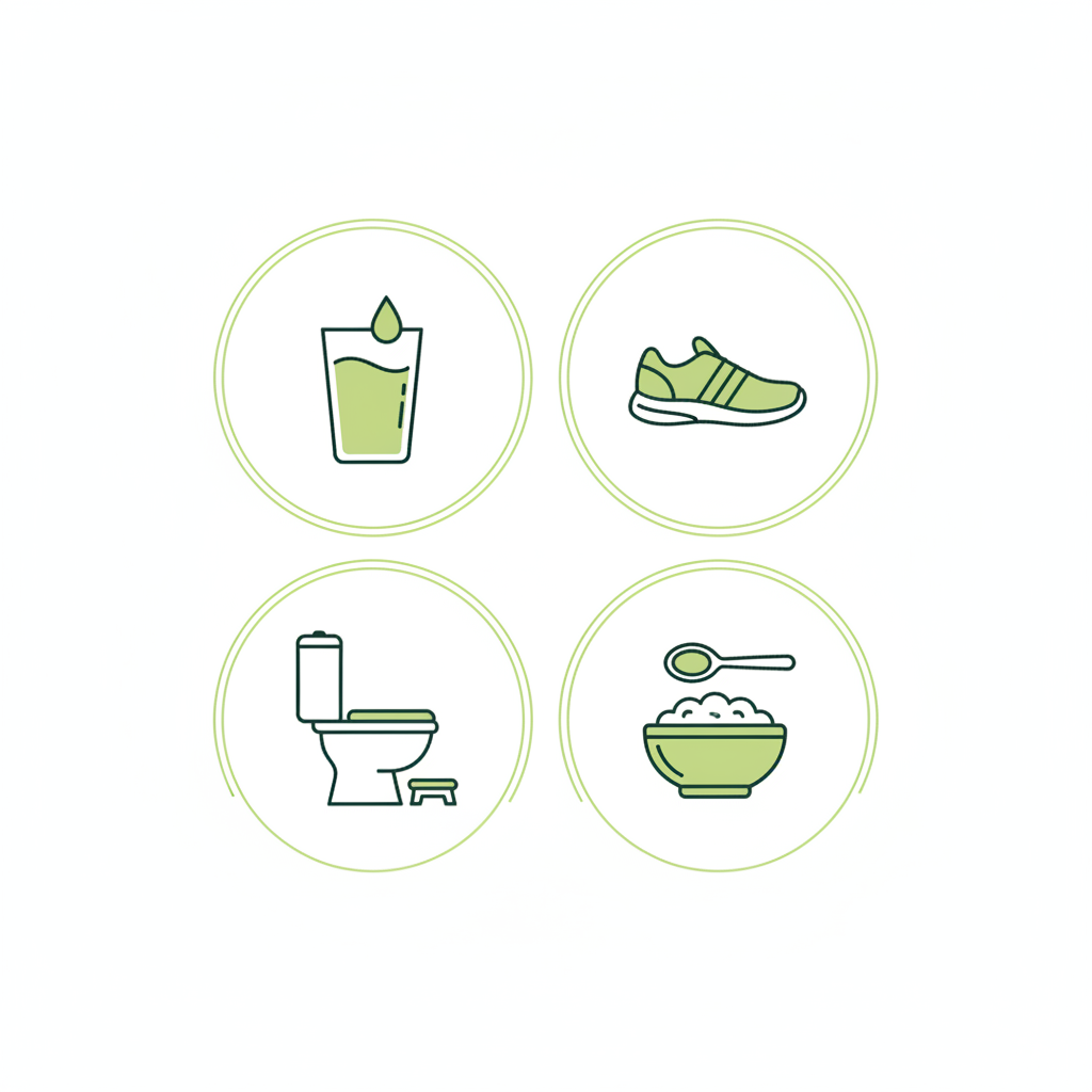Vektor-Infografik mit vier minimalistischen Icons (Wasser, Laufschuhe, Toiletten-Hocker, Haferbrei) auf hellgrünem Hintergrund – Was hilft, wenn der Stuhlgang nicht raus will?