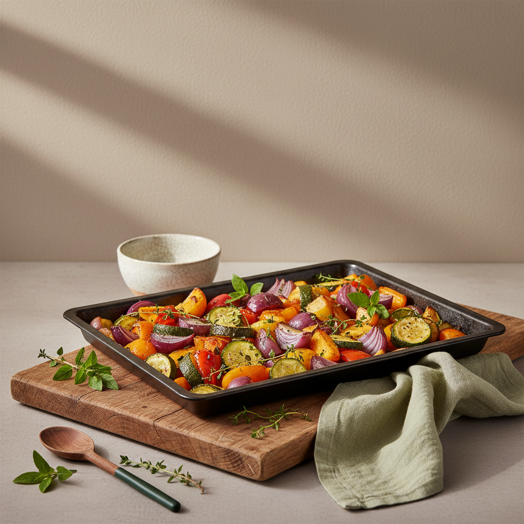 Welches Getränk wirkt abführend? Minimalistische heimische Küche mit warmem Ofenblechgericht, Schräglicht, Hintergrund #dbdbcf und Akzente #a5cd8d/#21431f