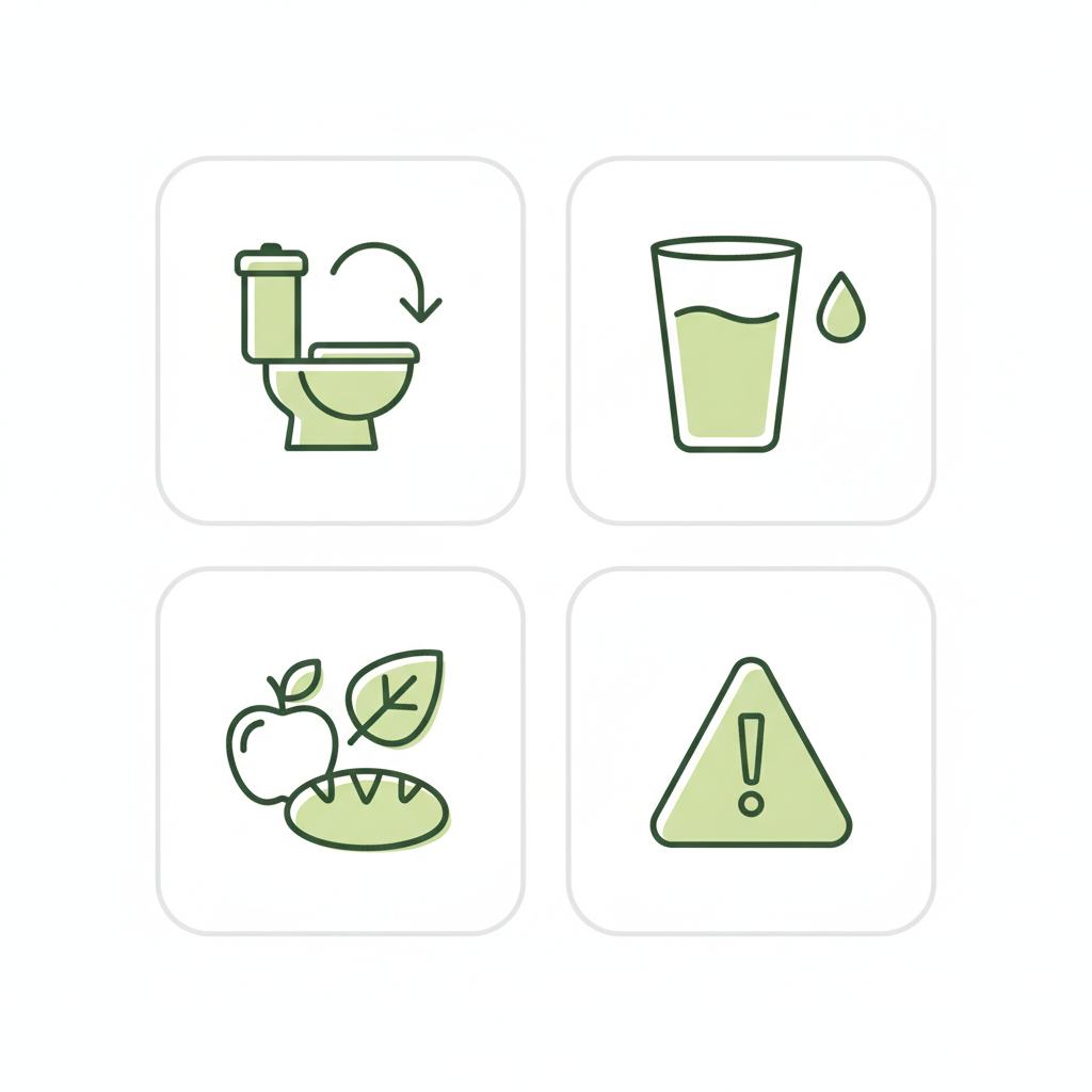 Minimalistische 2D-Vektor-Infografik zum Kotstau mit vier Icons: Toilette, Wasserglas, Ballaststoff-Lebensmittel und Warnsymbol in Schnell Lecker Farben.