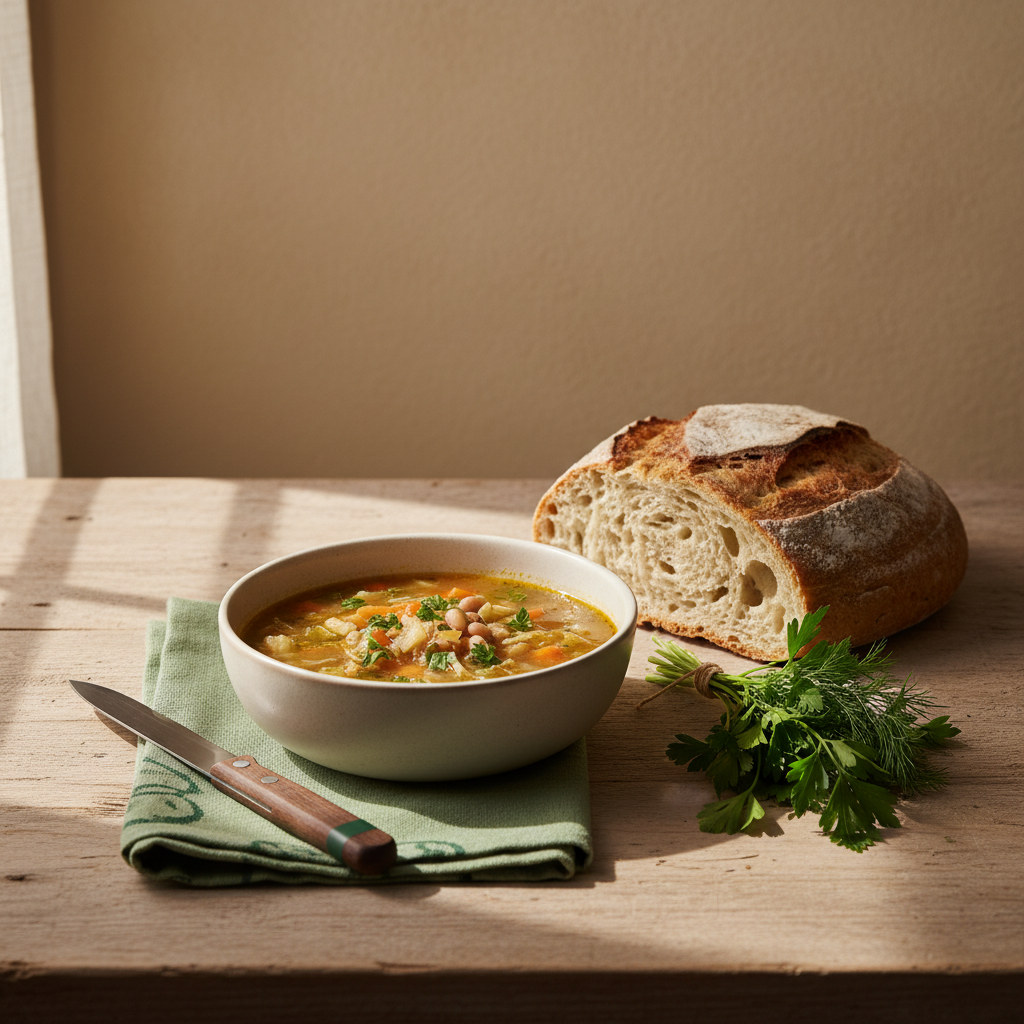 Kotstau – kleiner Esstisch mit ungarisch-rumänischer Suppe, Brot und frischen Kräutern auf #dbdbcf Hintergrund, dezente Akzente #a5cd8d