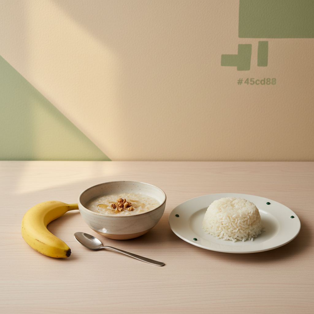 Minimalistisch angerichtetes Frühstück mit Reis, Haferbrei und Banane auf sauberem Holztisch, warmes Licht, Markenhintergrund #dbdbcf — Stuhl fester machen