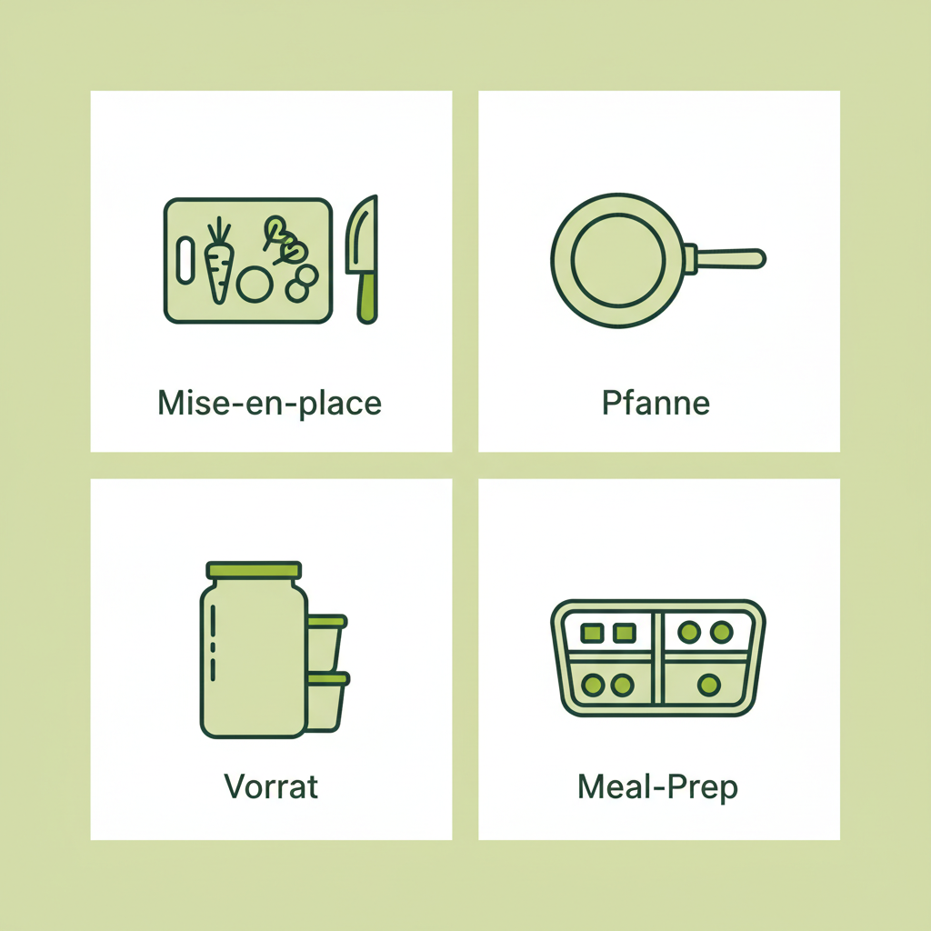 Minimalistische 2D-Vektor-Infografik mit vier Icons (mise en place, Pfanne, Vorrat, Meal-Prep) auf beigem Hintergrund im Schnell-Lecker-Stil, Konzept abführend