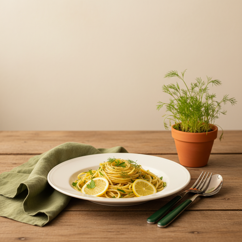 Einladender Teller Pasta mit Zitrone und Kräutern auf rustikalem Holztisch, minimalistisches warmes Setting in Markenfarben #dbdbcf #a5cd8d #21431f, abführend
