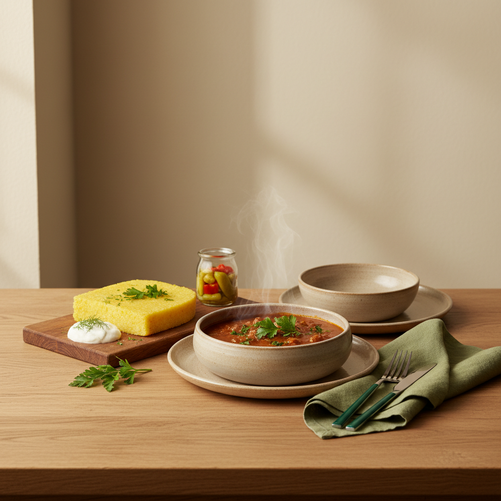 Darm schnell entleeren: Minimalistisches europäisches Küchen-Stillleben mit ungarischen und rumänischen Gerichten, warmes Licht, Hintergrund #dbdbcf, Akzente #a5cd8d, Griff #21431f