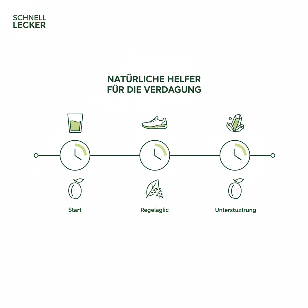 Minimalistische Vektor-Infografik mit Zeitachse und Icons für Wasser, Bewegungsschuh, Magnesium-Tablette, Pflaumen und Flohsamenschalen – natürliches Abführmittel schnell