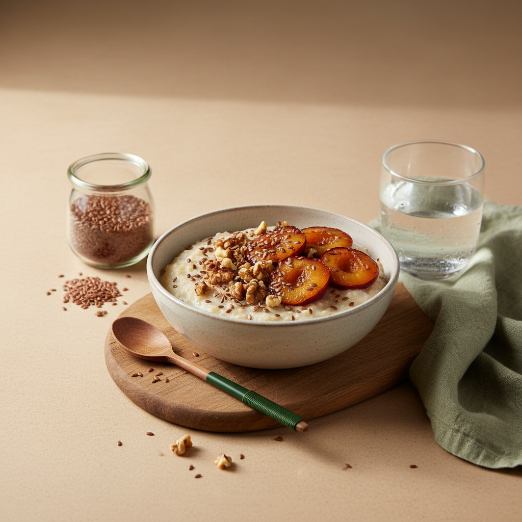 Porridge mit Pflaumen, Nüssen und Leinsamen neben Glas Wasser und Glas mit Leinsamen auf #dbdbcf Hintergrund – natürliches Abführmittel schnell, warmes, minimalistisches Küchenstillleben
