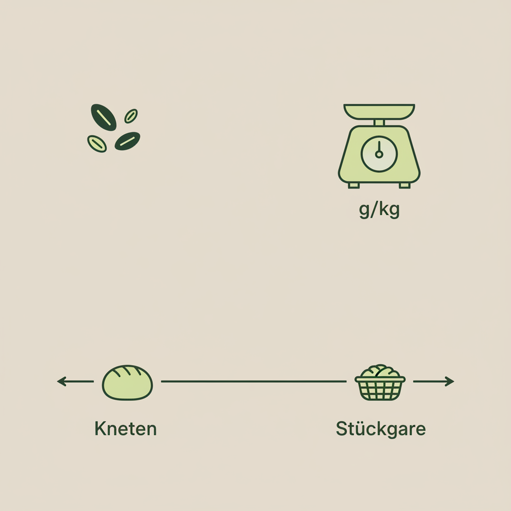 Minimalistische 2D-Vektorinfografik zu Brotgewürze mit Samen-Icons, Waage (g/kg) und Timeline für Kneten vs. Stückgare in Schnell Lecker Farben.