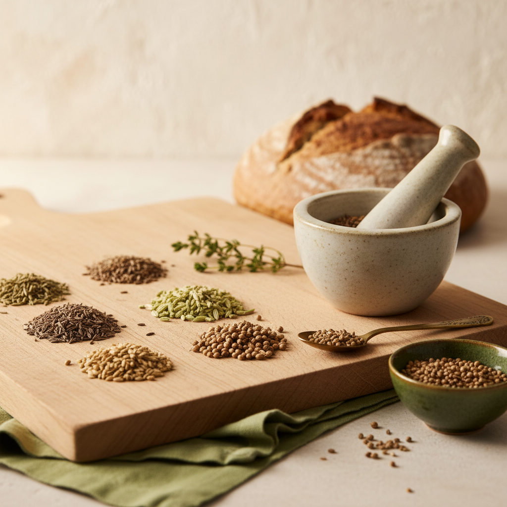 Nahaufnahme eines Schneidebretts mit ganzen und leicht gerösteten Brotgewürzen (Kümmel, Koriander, Fenchel, Anis, Schwarzkümmel), Mörser, und Roggenbrot im warmen, minimalistischen Hintergrund.