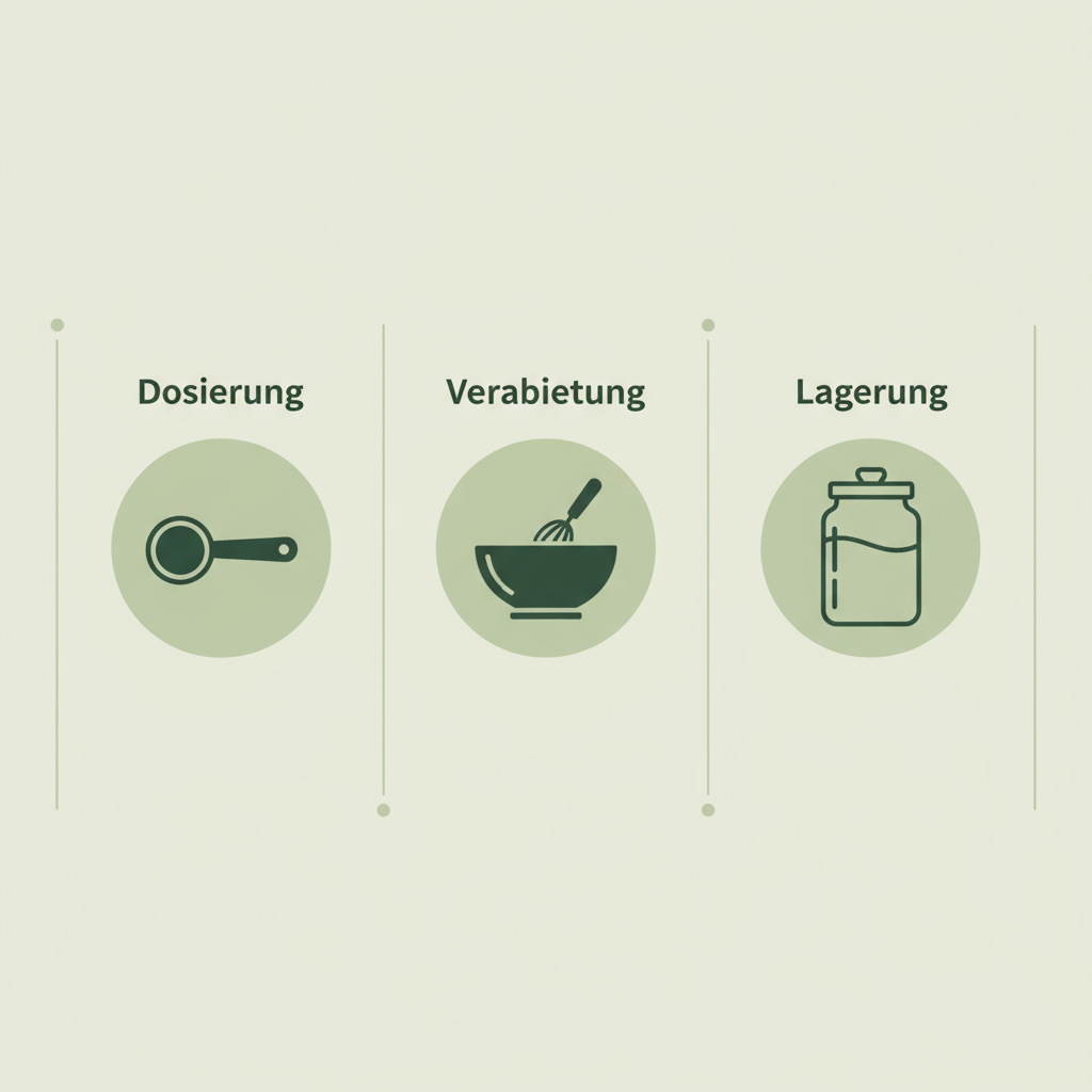 Minimalistische 2D-Vektor-Infografik: drei Spalten mit Icons für Dosierung, Verarbeitung und Lagerung von Brotgewürz in Schnell-Lecker-Farben