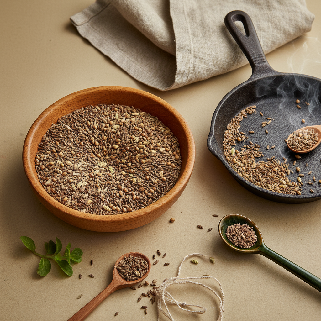 Nahaufnahme einer Holzschale mit ganzen Samen (Kümmel, Koriander, Fenchel, Anis) neben einer Pfanne beim kurzen Rösten vor #dbdbcf Hintergrund, dezente Akzente in #a5cd8d und #21431f, Brotgewürz