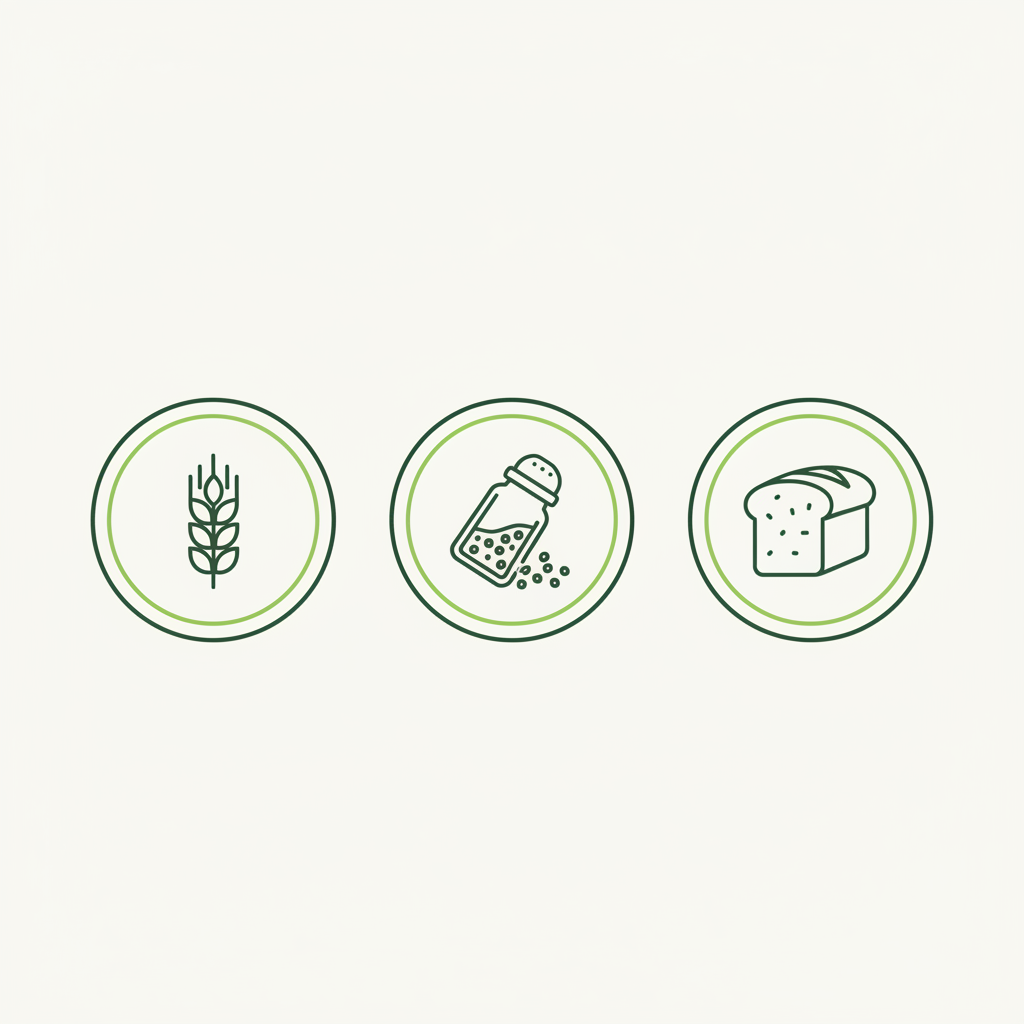 Minimalistische 2D-Vektor-Infografik mit drei Icons (Weizenähre, Gewürzstreuer, Brotscheibe) in Schnell-Lecker-Farben, Thema Brotgewürz.