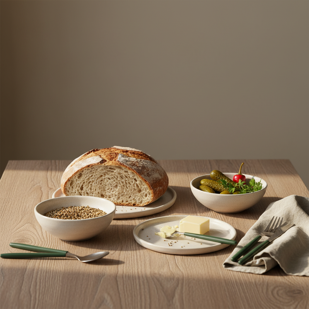 Minimalistisch gedeckter Küchentisch mit frischem Brot, Schale mit Brotgewürz, Keramik und Leinenserviette in #a5cd8d vor #dbdbcf Hintergrund