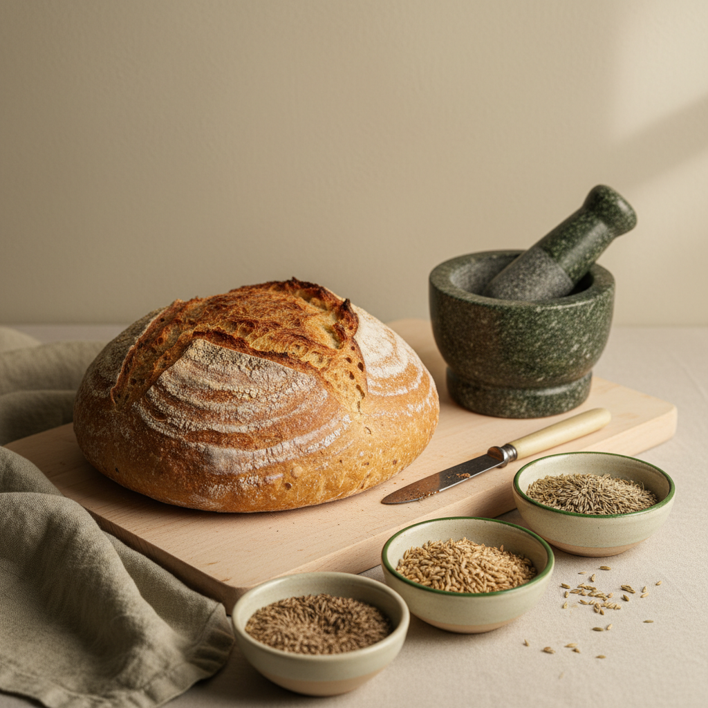 Heimelige Küche mit frischem Brotlaib, Mörser und Schälchen mit brotgewürz-Zutaten auf Holzbrett vor hellem #dbdbcf Hintergrund