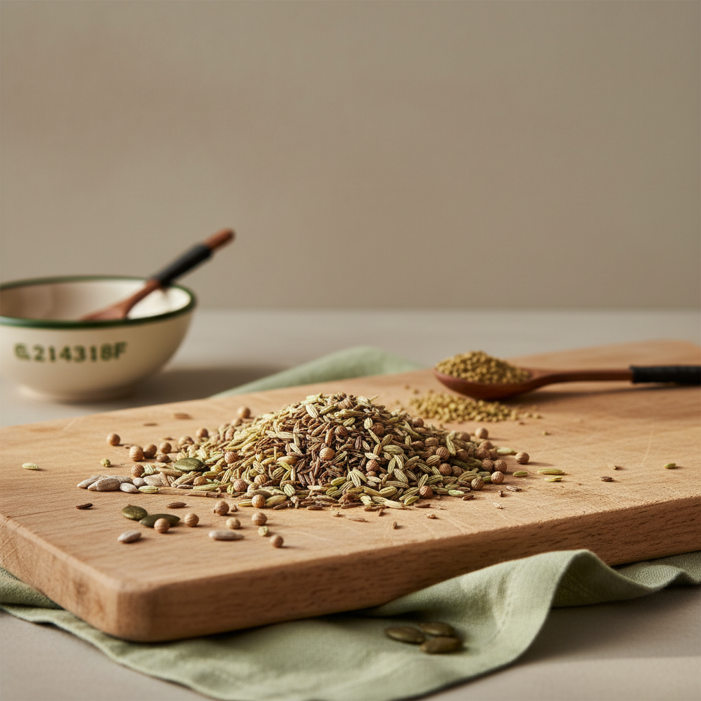 Nahaufnahme eines Holzbretts mit ganzen Samen (Kümmel, Fenchel, Anis, Koriander) und gerösteten Kernen in warmer Heimküche, minimalistisches Arrangement – Brotgewürz weglassen