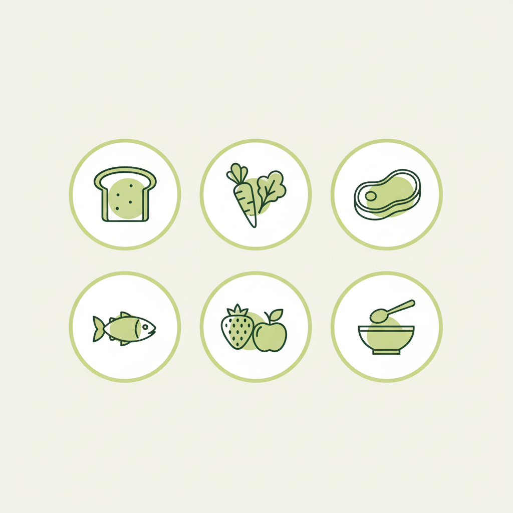 Minimalistische 2D-Vektor-Infografik mit sechs Dipp-Icons (Brot, Gemüse, Fleisch, Fisch, Früchte, Dips) in Markenfarben, passend zu Käsefondue.