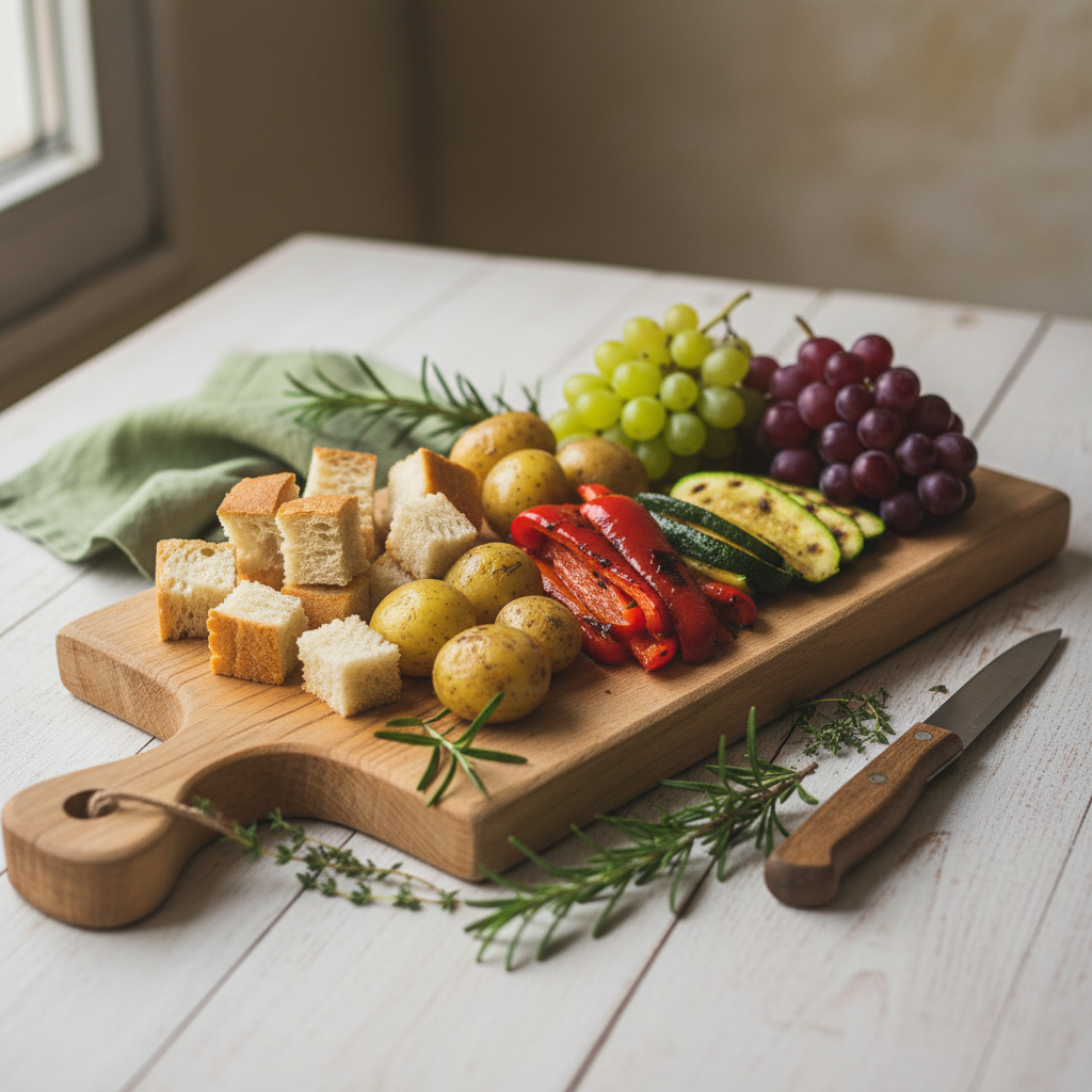 Nahaufnahme rustikale Platte mit Baguettewürfeln, kleinen Kartoffeln, gegrilltem Gemüse und Trauben als Beilagen zum Käsefondue auf hellem Holztisch