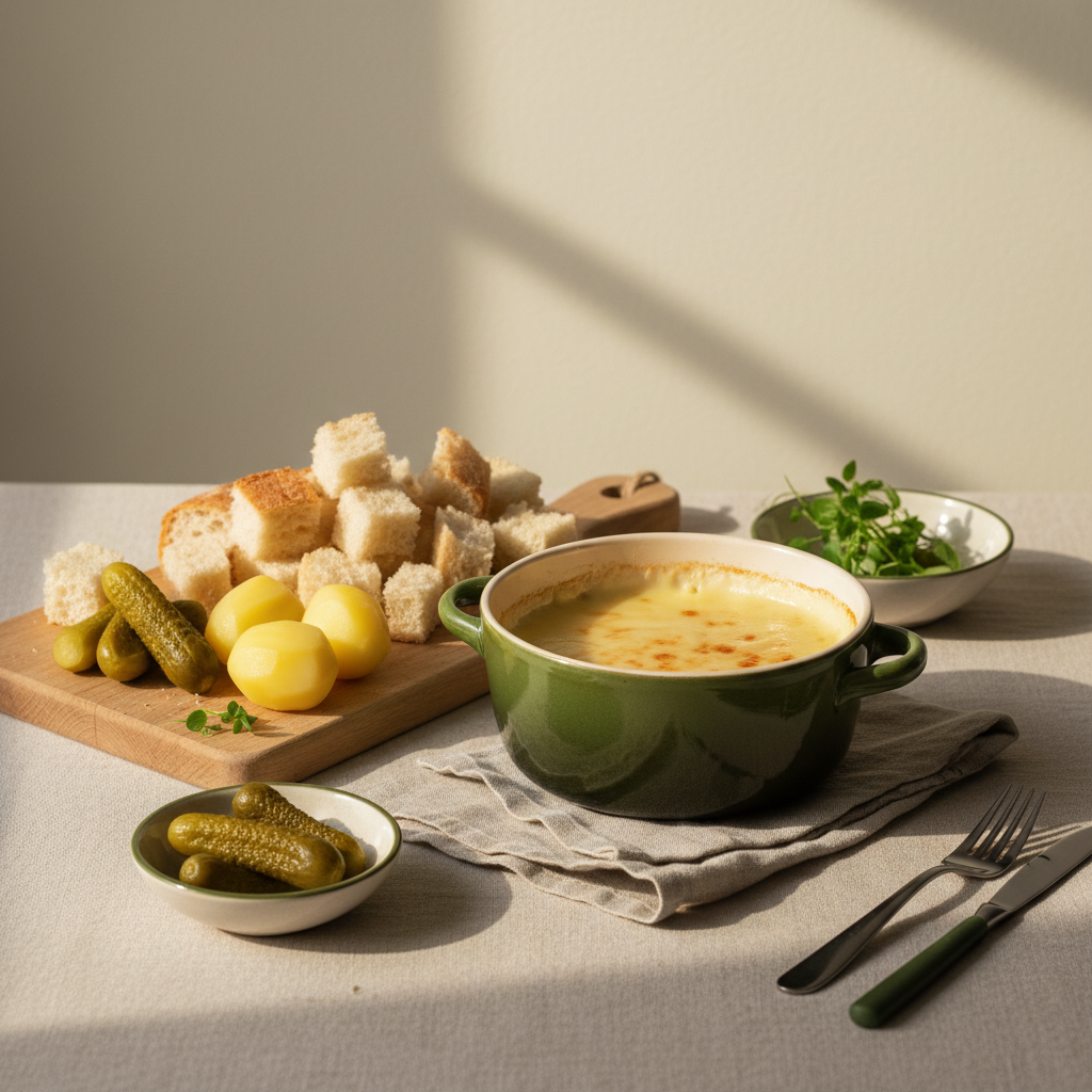 Käsefondue in Keramik-Caquelon auf minimalem europäischen Frühstückstisch mit Holzbrett, gewürfeltem Brot, Kartoffeln und Gewürzgurken vor Hintergrund #dbdbcf.