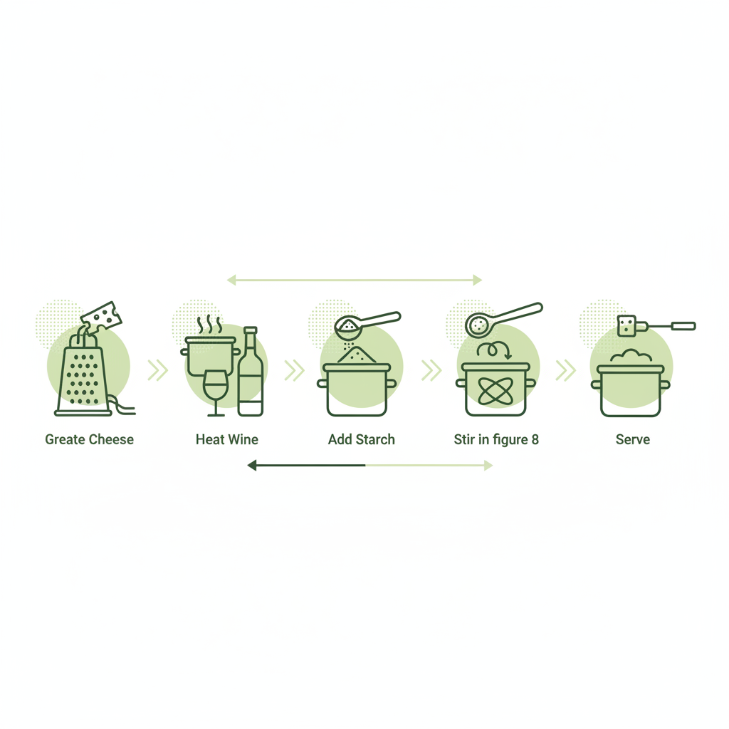 Minimalistische 2D-Vektor-Infografik mit Icons zeigt Schritte für Käsefondue: Käse reiben, Wein erwärmen, Stärke zugeben, in Acht rühren, servieren. Farbpalette Schnell Lecker.