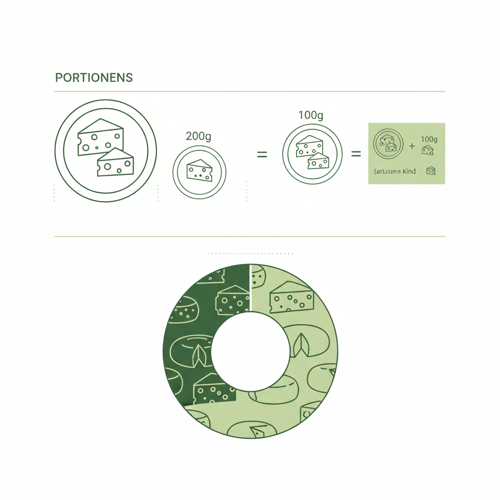 Minimalistische 2D-Vektorinfografik zeigt großen Teller (äquivalent 200g) vs kleinen Teller (100g) und Donut-Diagramm harte vs cremige Sorten – Käse pro Person Fondue