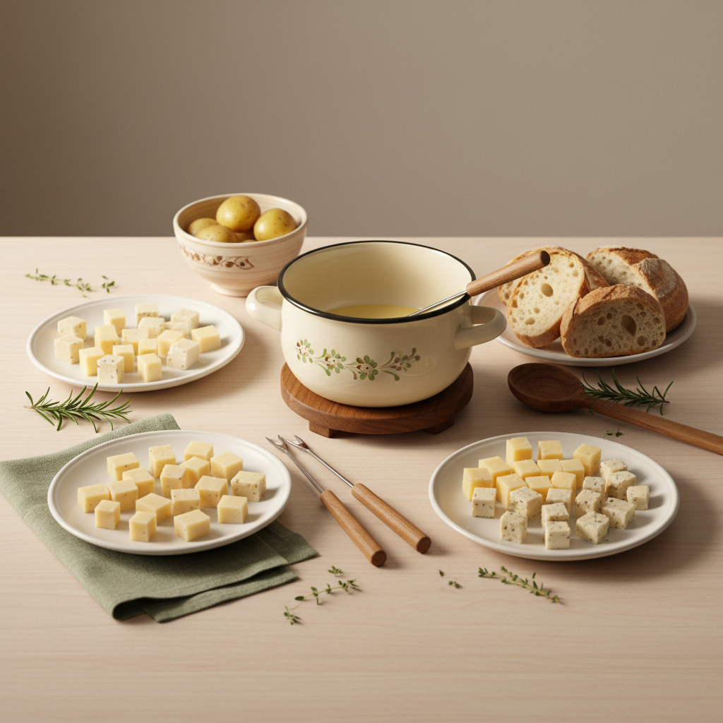 Vollbild-Tischszene mit Fondue-Topf, Tellern mit gewürfeltem Käse, Brot und gekochten Kartoffeln vor neutralem Hintergrund #dbdbcf, dezente Akzente #a5cd8d — Käse pro Person Fondue