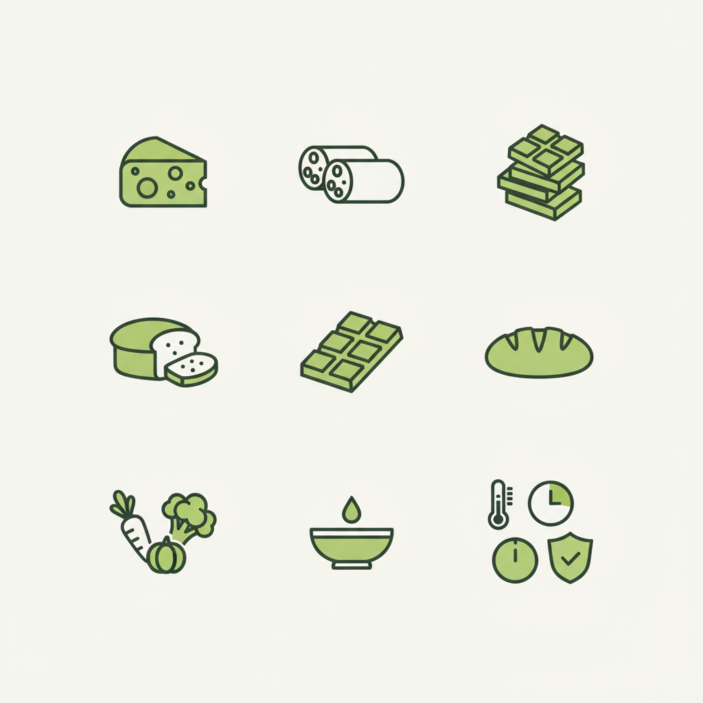 Minimalistische 2D-Vektor-Infografik mit Icons für Beilagen zum Fondue: Käse, Fleisch, Schokolade, Brot, Gemüse, Saucen und Sicherheits-Symbole auf Hintergrund #dbdbcf