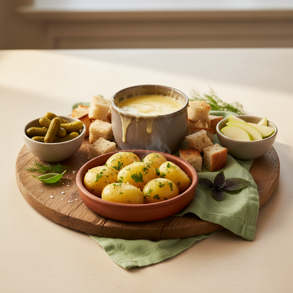 Nahaufnahme eines minimalistisch arrangierten Fondue-Begleit­tellers mit Brotwürfeln, Cornichons, Apfelscheiben, warmen Kartoffeln und geschmolzenem Käse – beilagen zum fondue