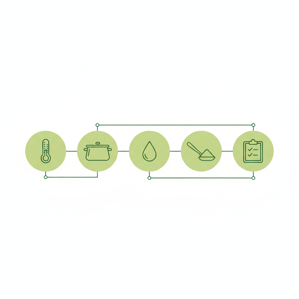 Minimalistische 2D-Infografik mit Vektor-Icons (Thermometer, Topf, Öltröpfchen, Stärke-Löffel, Checkliste) in Markenfarben – Fondue Fehler vermeiden