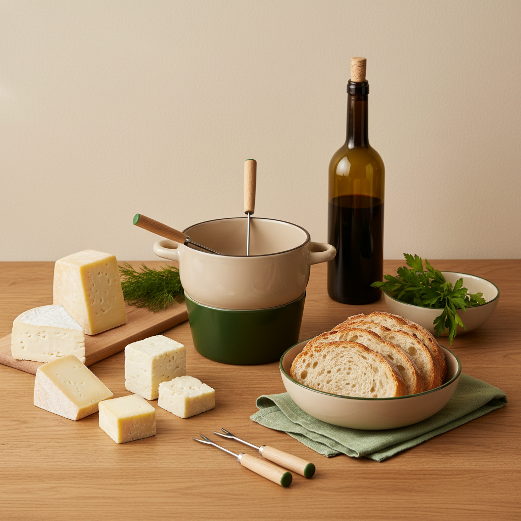 Minimalistische europäische Küche mit Fondue-Topf, Käse, Wein und Brot auf Holztisch in warmen Markenfarben – Fondue Fehler vermeiden