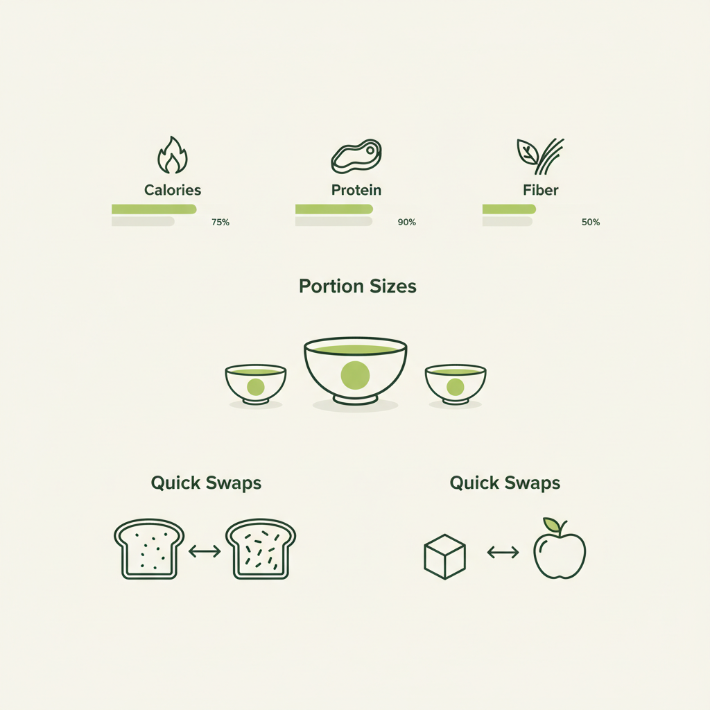 Minimalistische Vektor-Infografik zu Reispudding: Icons für Nährstoffe, Portionsgrößen und schnelle Austauschoptionen, Markenfarben verwendet