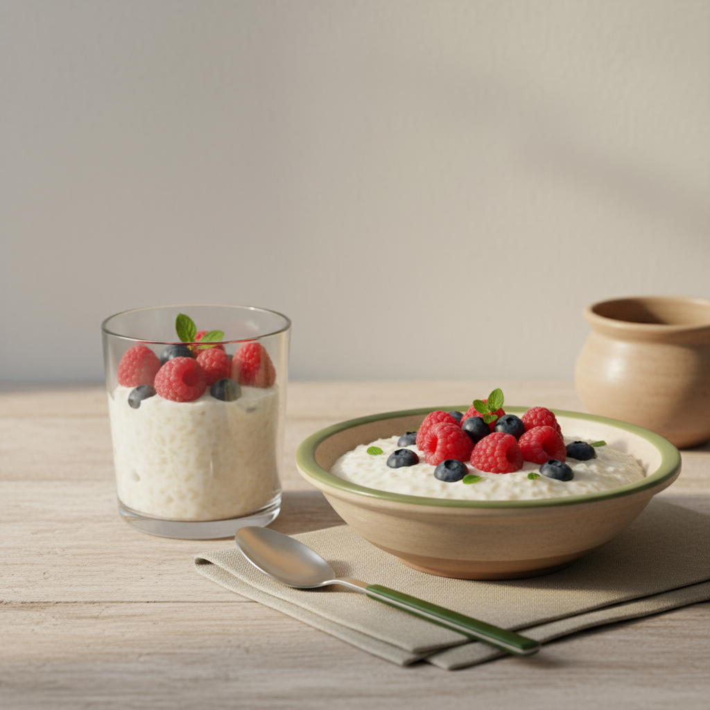 Nahaufnahme von cremigem Reispudding im Glas und in einer Schale mit frischen Beeren auf minimalistischem Küchentisch, warme natürliche Beleuchtung, Reispudding