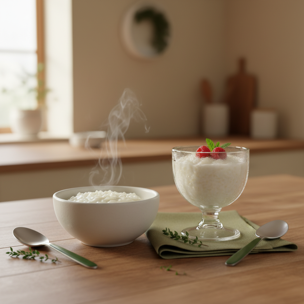 Nahaufnahme zweier Schalen mit Milchreis – eine warm im Keramikschälchen, eine gekühlt im Glas; minimalistischer Holztisch, Hintergrund #dbdbcf, grüne Akzente #a5cd8d.