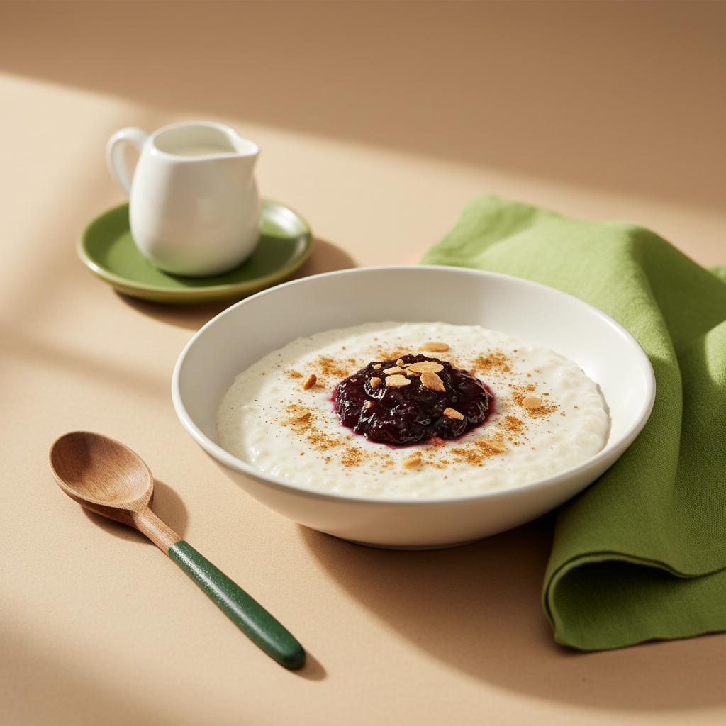 Reispudding in weißer Keramikschale mit Pflaumenkompott und Zimt, minimalistisches heimisches Küchenmotiv auf hellbeigem Hintergrund mit grünen Akzenten.