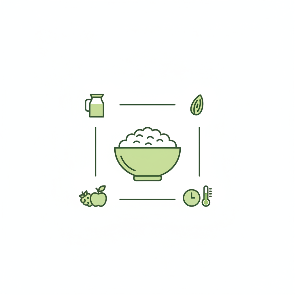 Minimalistische Vektor-Infografik zum Reispudding: zentrale Schale mit Reispudding, Icons für Milch, Nüsse, Früchte und Zeit/Temperatur in Markenfarben.