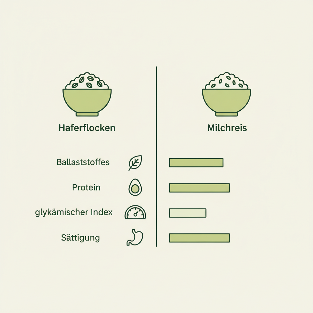 Minimalistische 2D-Vektor-Infografik: visueller Vergleich Haferflocken vs Milchreis zu Ballaststoffen, Protein, glykämischem Index und Sättigung in Markenfarben