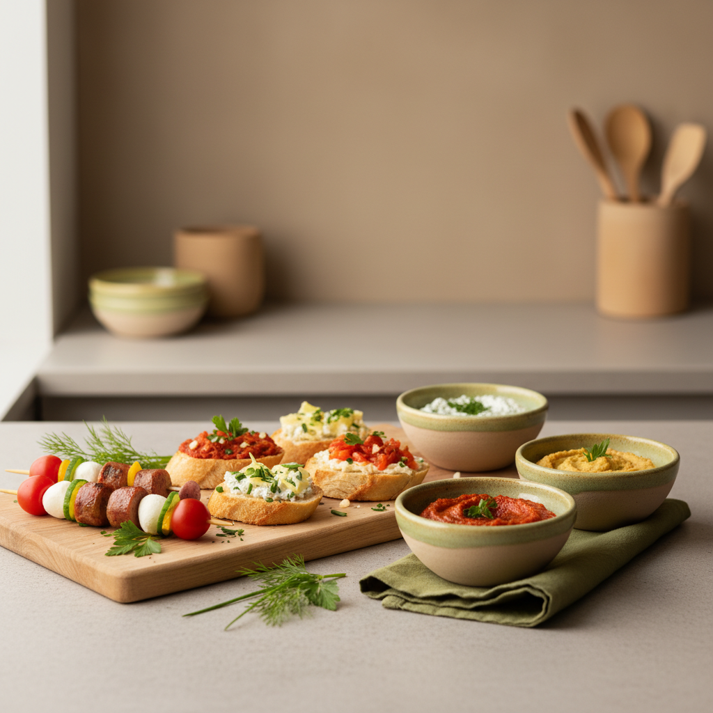 Heimelige Full-Frame-Küchenaufnahme mit Fingerfood: Baguette-Crostini, Mini-Spieße und kleine Dips auf #dbdbcf Hintergrund mit dezenten #a5cd8d Akzenten.