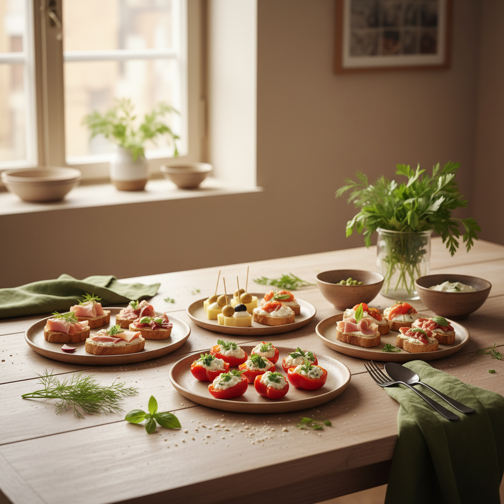Heimische Fingerfood-Platten auf hellem #dbdbcf-Hintergrund mit grünen Akzenten #a5cd8d, warmes Licht — Fingerfood einen Tag vorher zubereiten