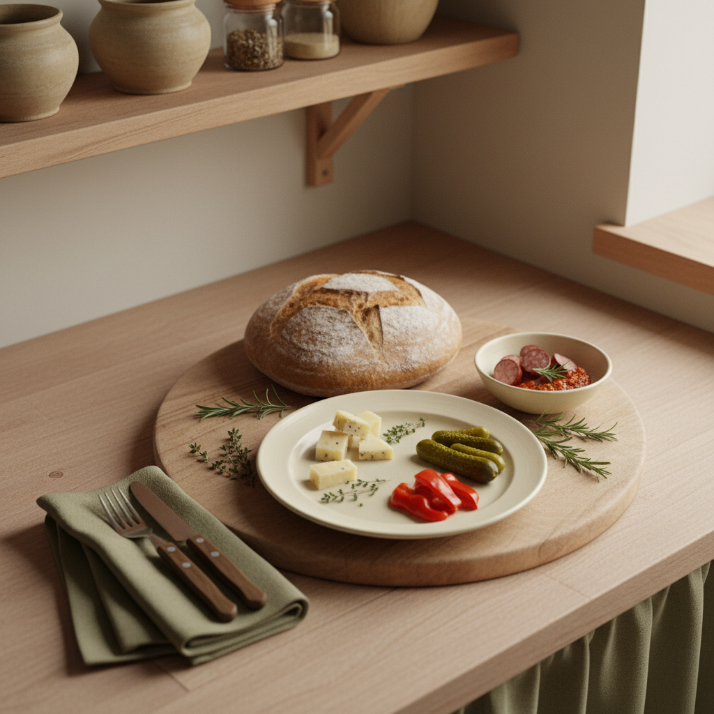 Schlichtes themenbasiertes Buffet in heimischer Küche mit rustikalem Brot, Käse, kleinen Schälchen mit Paprika und eingelegtem Gemüse, warme, aufgeräumte Ästhetik.