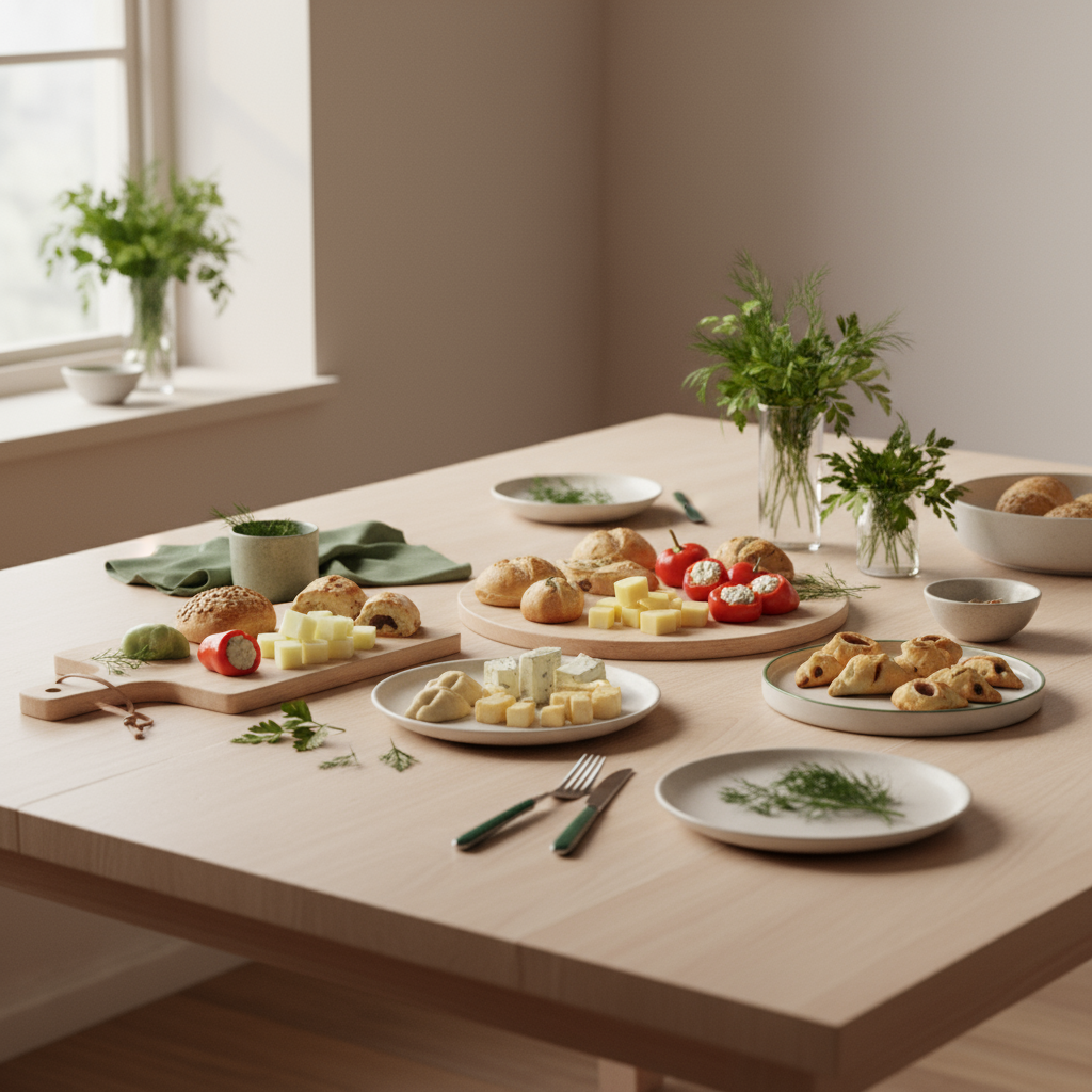 Wie viel Fingerfood rechnet man pro Person? Heimeliges, minimalistisches Küchensetup mit Fingerfood-Platten, warmes Fensterlicht, Hintergrund #dbdbcf, Akzente #a5cd8d und #21431f.