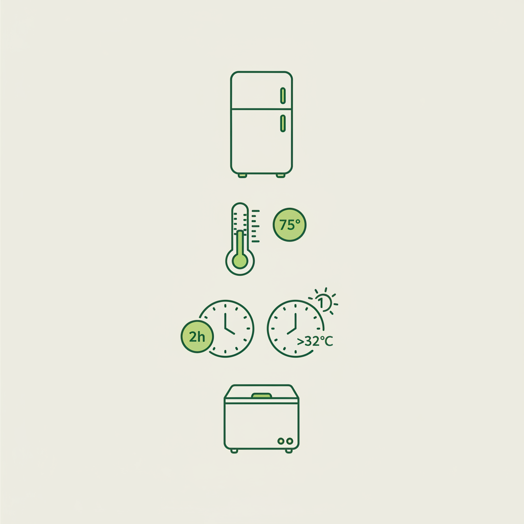 Minimalistische 2D-Vektor-Infografik mit Kühlschrank-, Thermometer (75°), Uhr-Icons (2h / 1h bei &gt;32°C) und Gefrierschrank als Anleitung, Blätterteigschnecken am nächsten Tag essen