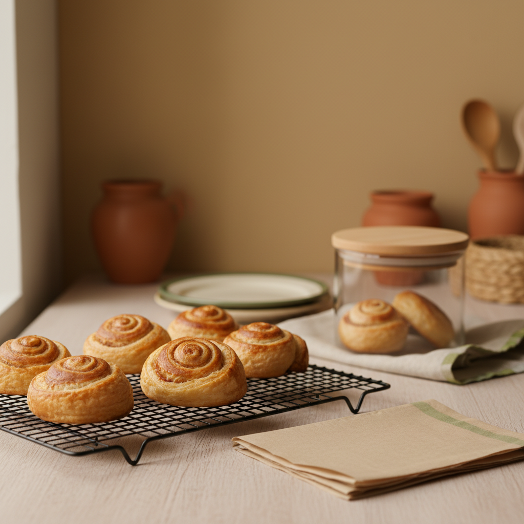 Nahaufnahme frisch aufgebackener Blätterteigschnecken auf Gitter neben Küchenpapier und luftdichtem Behälter in warmer Küche – Blätterteigschnecken am nächsten Tag essen