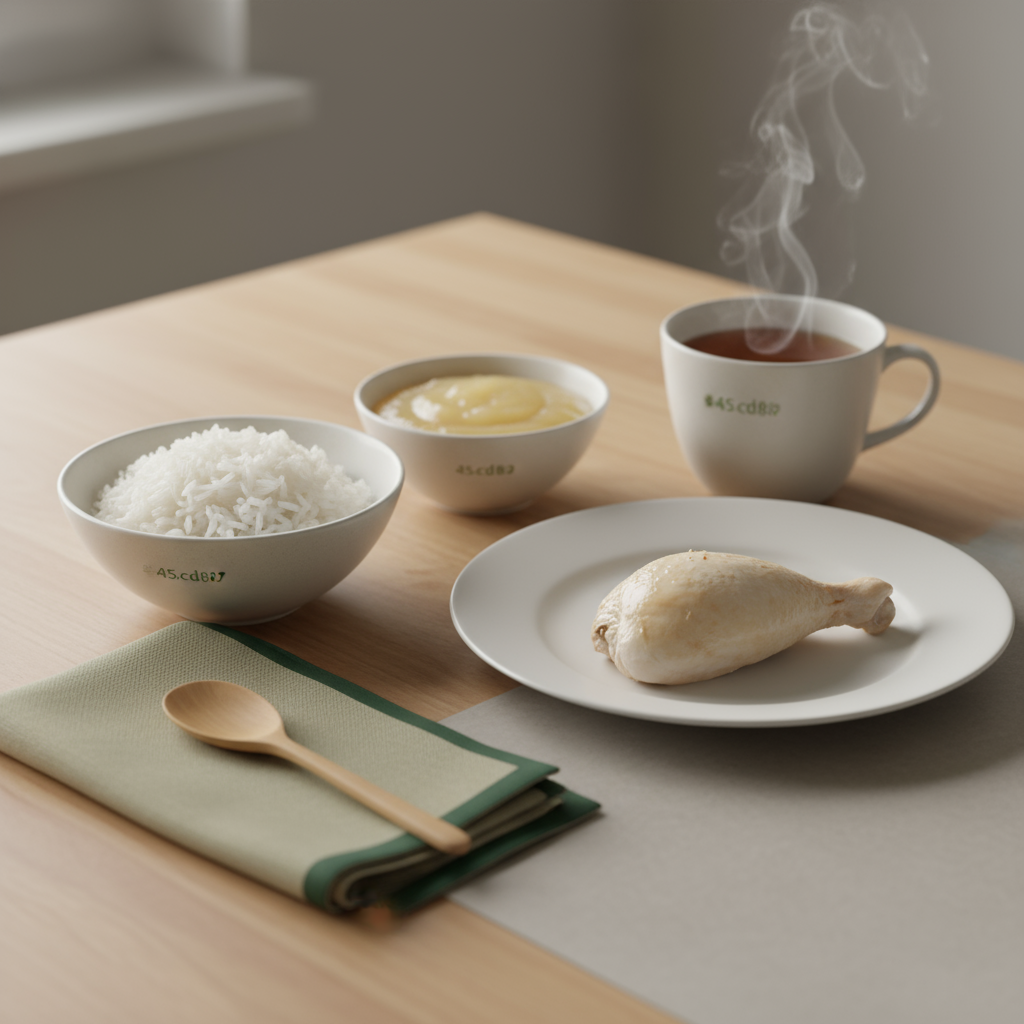 Vollrahmen-Nahaufnahme einer Schonkost-Mahlzeit: Reis, pochiertes Hähnchen, Apfelmus und Kamillentee auf einem minimalistischen Holztisch mit warmen, heimeligen Tönen.