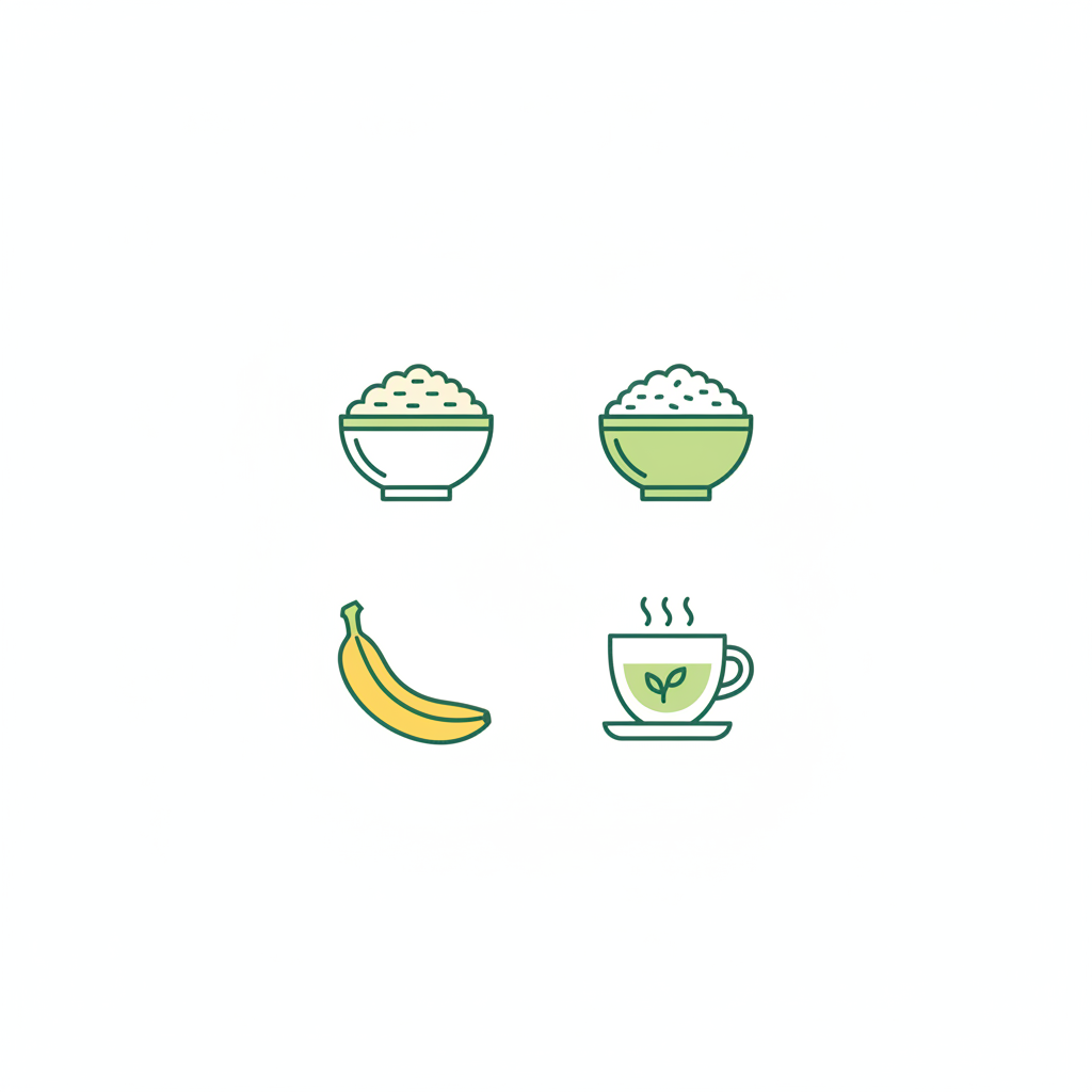 Minimalistische Vektor-Infografik zu Essen bei Magenproblemen mit vier Icons: Haferbrei, Reis, Banane, Kräutertee auf cremefarbenem Hintergrund