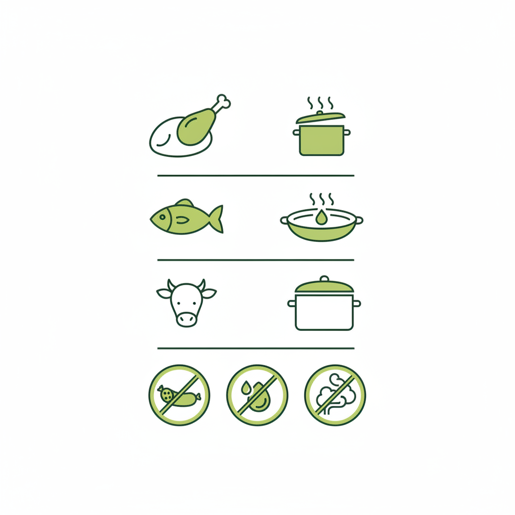 Minimalistische 2D-Vektor-Infografik zu Fleisch bei Schonkost mit Icons für mageres Geflügel, Fisch, Kalb, Garmethoden (Dämpfen, Pochieren, Schmoren) und Vermeiden-Icons