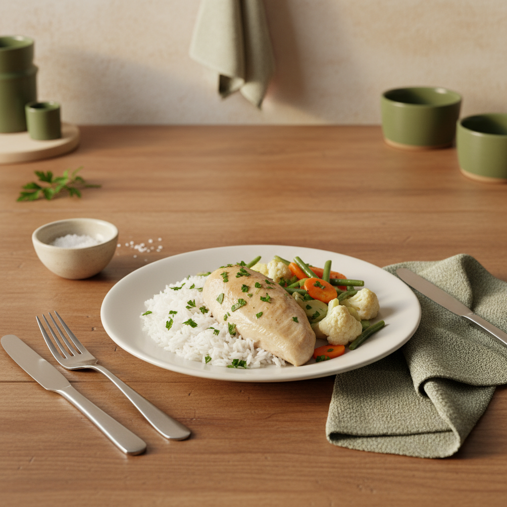 Pochiertes Hähnchen mit Reis und gedünstetem Gemüse auf warmem Holztisch, minimalistisches heimeliges Setup in Brand-Farben; Fleisch bei Schonkost.