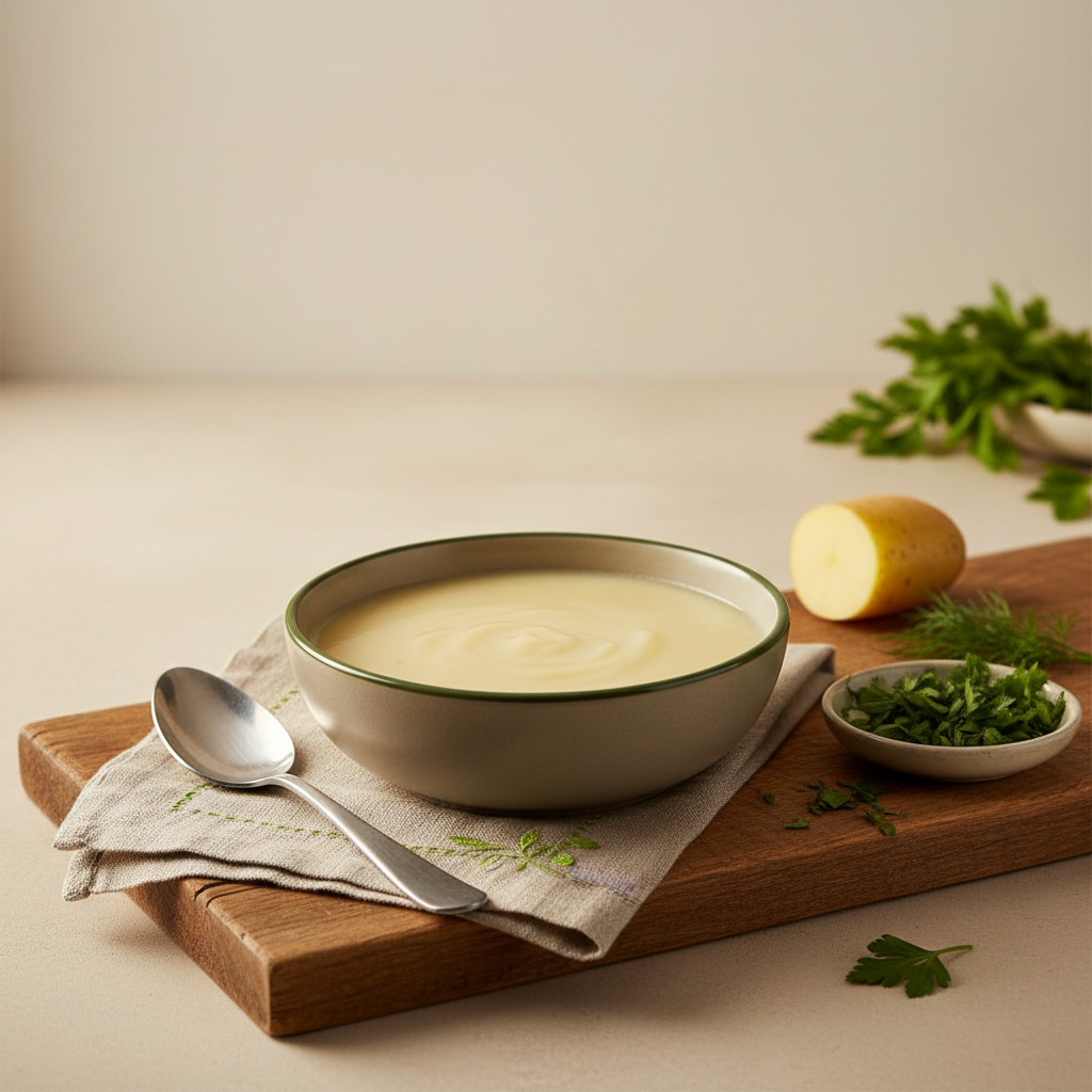 Heimeliges Küchenstillleben mit fein pürierter Kartoffelsuppe in Keramikschüssel auf rustikalem Brett, Löffel und Kräuterakzente – Kartoffeln Schonkost