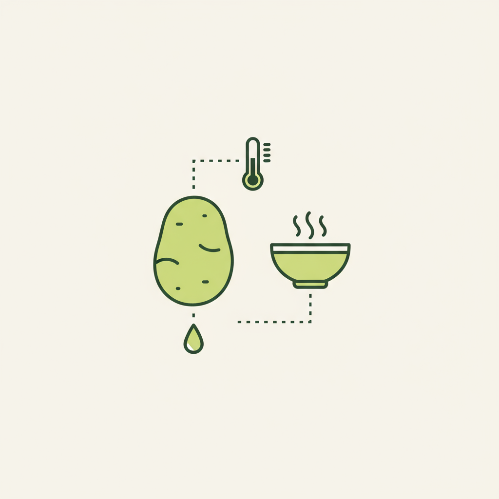 Minimalistische 2D-Vektor-Infografik mit Kartoffel-, Suppenschale-, Thermometer- und Tropfen-Icons in Markenfarben, geeignet für Kartoffeln Schonkost