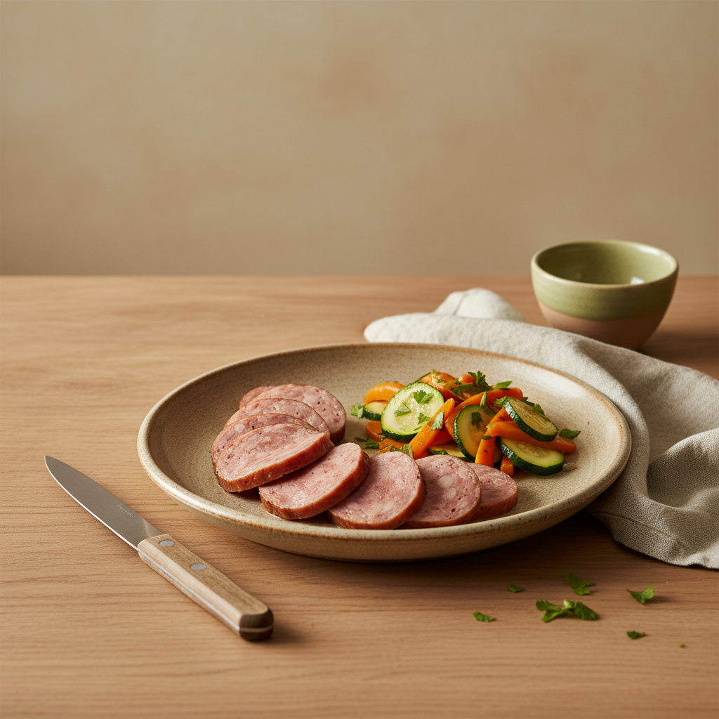 Wurst in der Schonkost: rustikaler Teller mit dünn geschnittener gekochter Wurst, gedämpften Karotten und Zucchini vor minimalistischem hellem Hintergrund