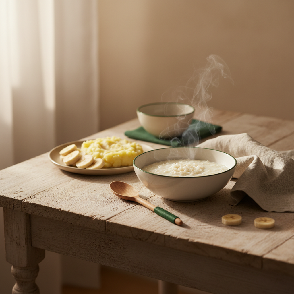 Warme, minimalistische Küchenaufnahme mit Reisbrei, Kartoffelpüree und Bananenscheiben auf Holztisch, naturbelassene Requisiten – Was essen bei extrem Magen-Darm