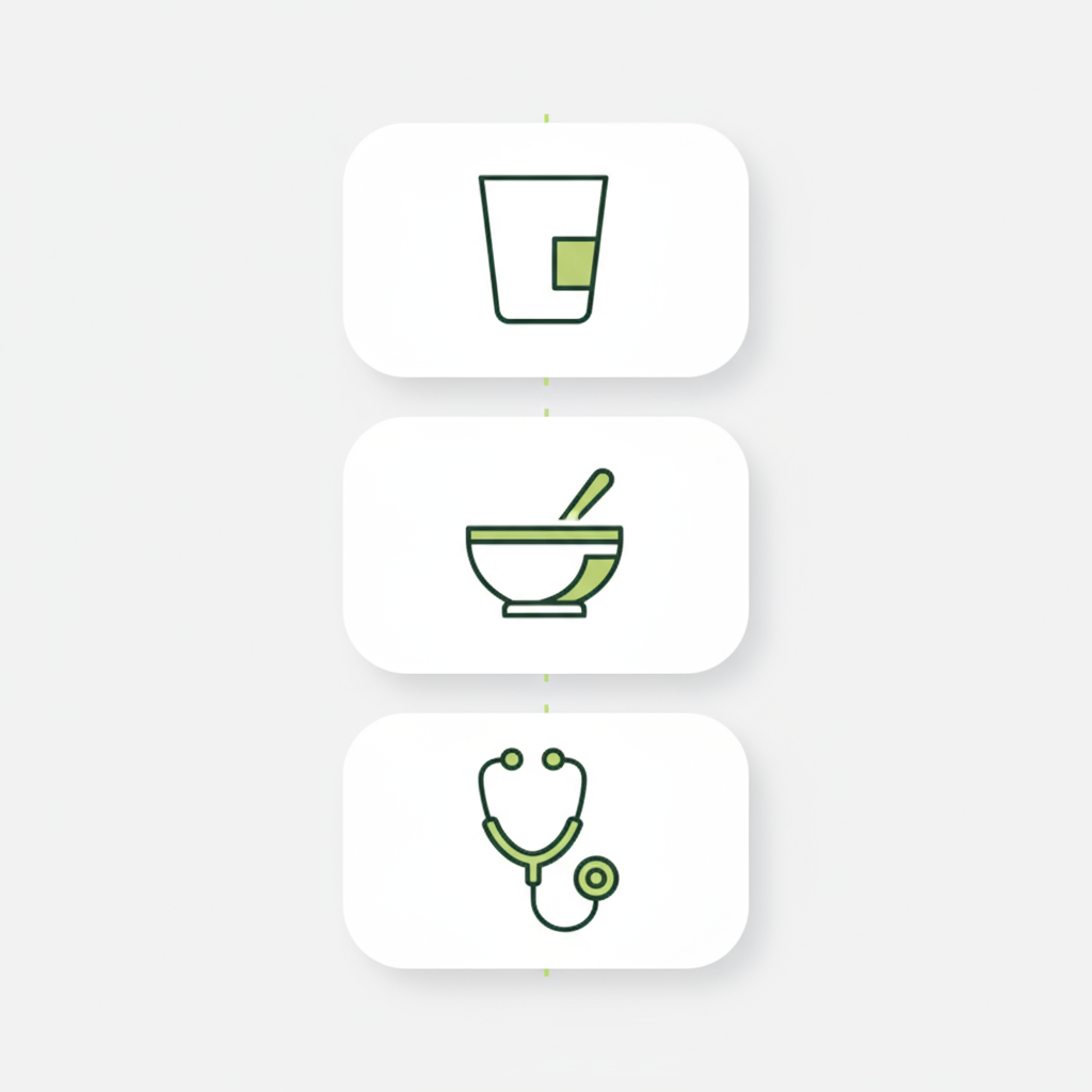 Minimalistische 2D-Vektor-Infografik (Hochformat) mit drei Icons für Rehydratation (Becher), Schonkost (Schüssel) und Arztkontakt (Stethoskop) – passend zum Artikel Was essen bei extrem Magen-Darm