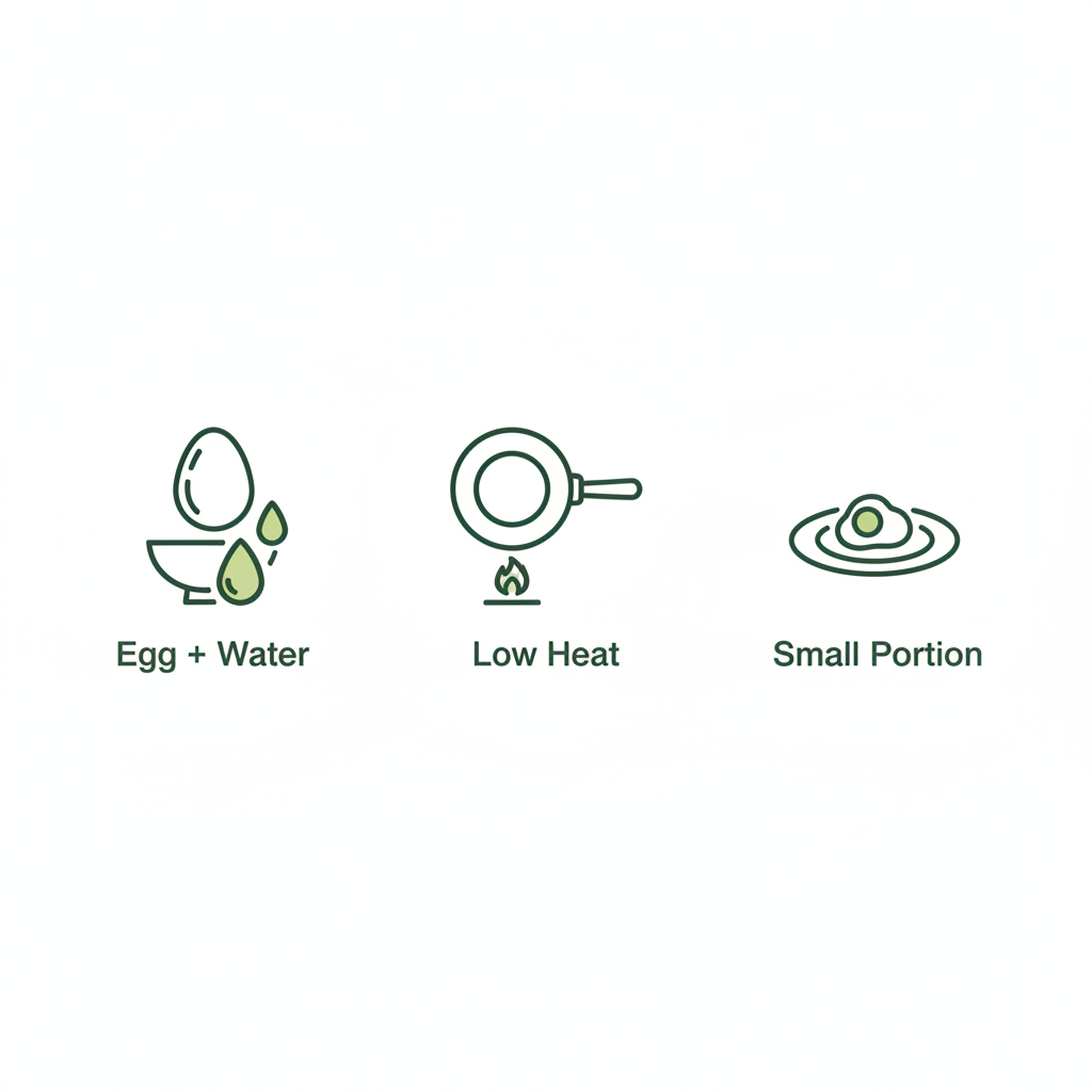 Minimalistische Vektor-Infografik für Rührei Schonkost mit drei Icons: Ei+Wasser, niedrige Hitze und kleine Portion in den Markenfarben.